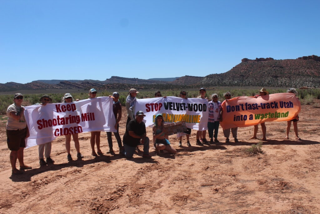 (Andrew Christiansen | The Times-Independent)
Twenty people protested near the Velvet-Wood mine site Saturday, just east of Lisbon Valley. Demonstrators gathered in response to the Bureau of Land Management’s approval of an environmental assessment completed just 11 days after the Interior Department ordered a fast-tracked review.