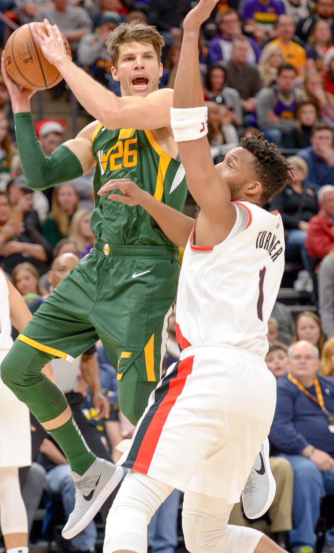 Leah Hogsten  |  The Salt Lake Tribune  Utah Jazz guard Kyle Korver (26) looks for the pass. The Utah Jazz defeated the Portland Trail Blazers, 117-96, Christmas night at Vivint Smart Home Arena.