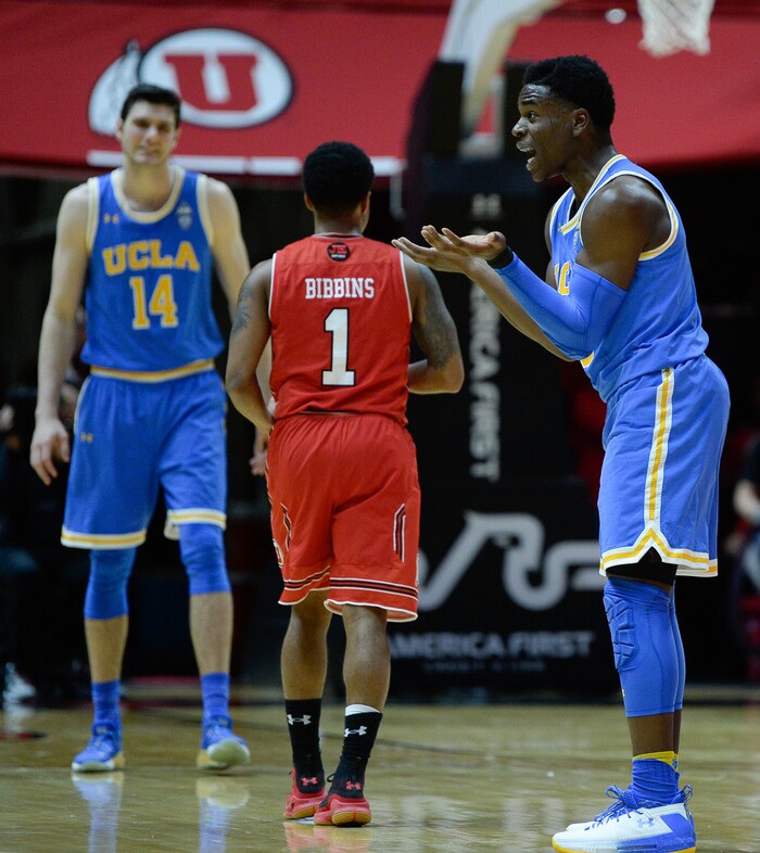 (Francisco Kjolseth  |  The Salt Lake Tribune)  UCLA Bruins guard Aaron Holiday (3) argues a call as the University of Utah hosts UCLA in NCAA basketball at the Huntsman Center in Salt Lake City, Thursday, Feb. 22, 2018.