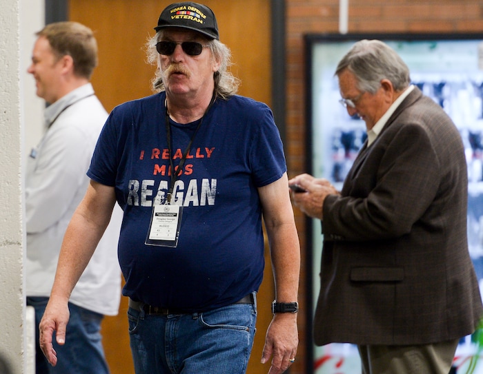 (Leah Hogsten  |  The Salt Lake Tribune) Delegate Douglas George wore his sentiments, walking throughout the hallways of Cottonwood High School at the Salt Lake County Republican Party Organizing Convention, Saturday, April 14, 2018.