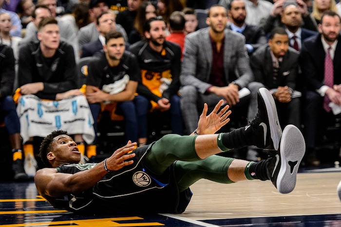 (Trent Nelson | The Salt Lake Tribune)  Milwaukee Bucks forward Giannis Antetokounmpo (34) as the Utah Jazz host the Milwaukee Bucks, NBA basketball in Salt Lake City Saturday November 25, 2017.
