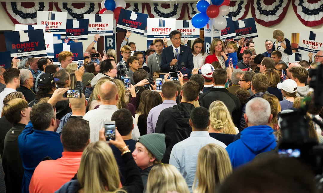 (Rick Egan  |  The Salt Lake Tribune)   Mitt Romney gives his victory speech, at the Romney Headquarters, in Orem, on election night, Tuesday, Nov. 6, 2018.