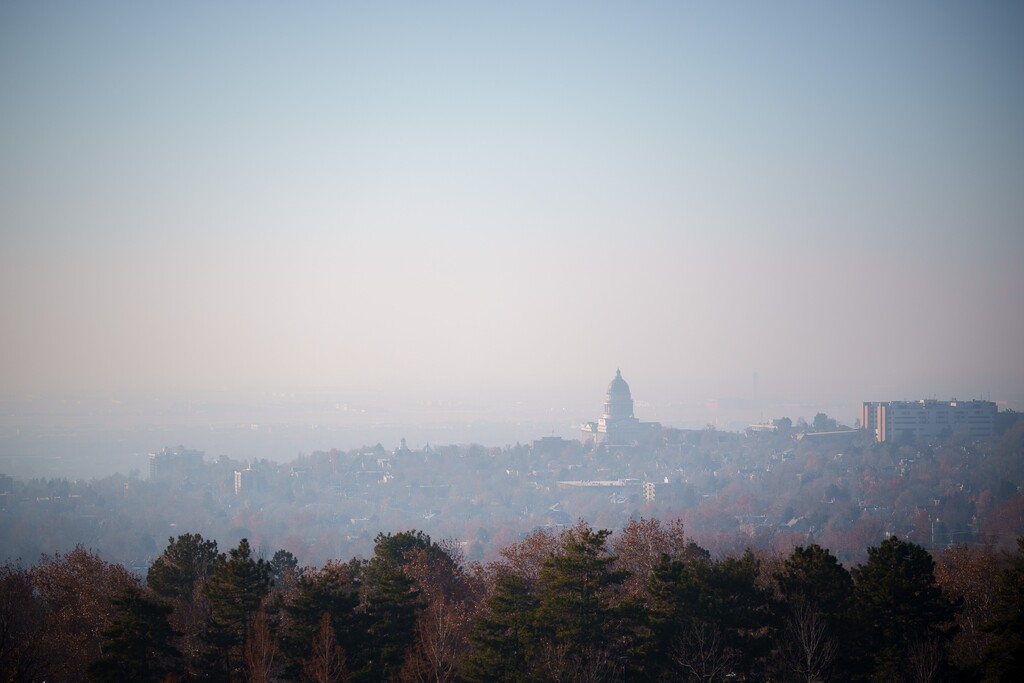 (Trent Nelson  |  The Salt Lake Tribune) Poor air quality, and the State Capitol, in Salt Lake City on Friday, Dec. 3, 2021.