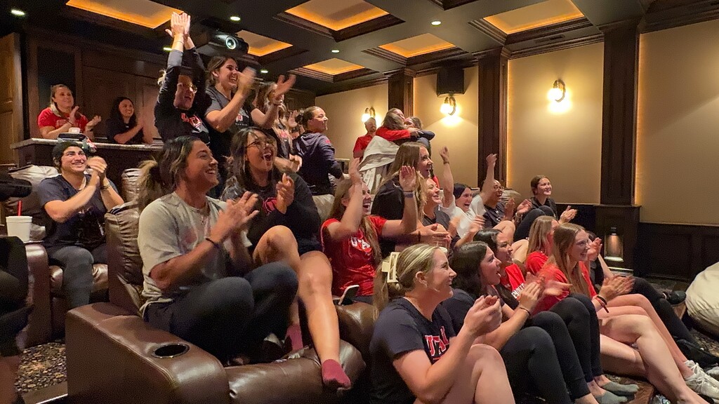 (Alex Vejar | The Salt Lake Tribune) The Utah Utes softball team reacts to hearing its name during the NCAA Championship Selection Sunday show on May 12, 2024.