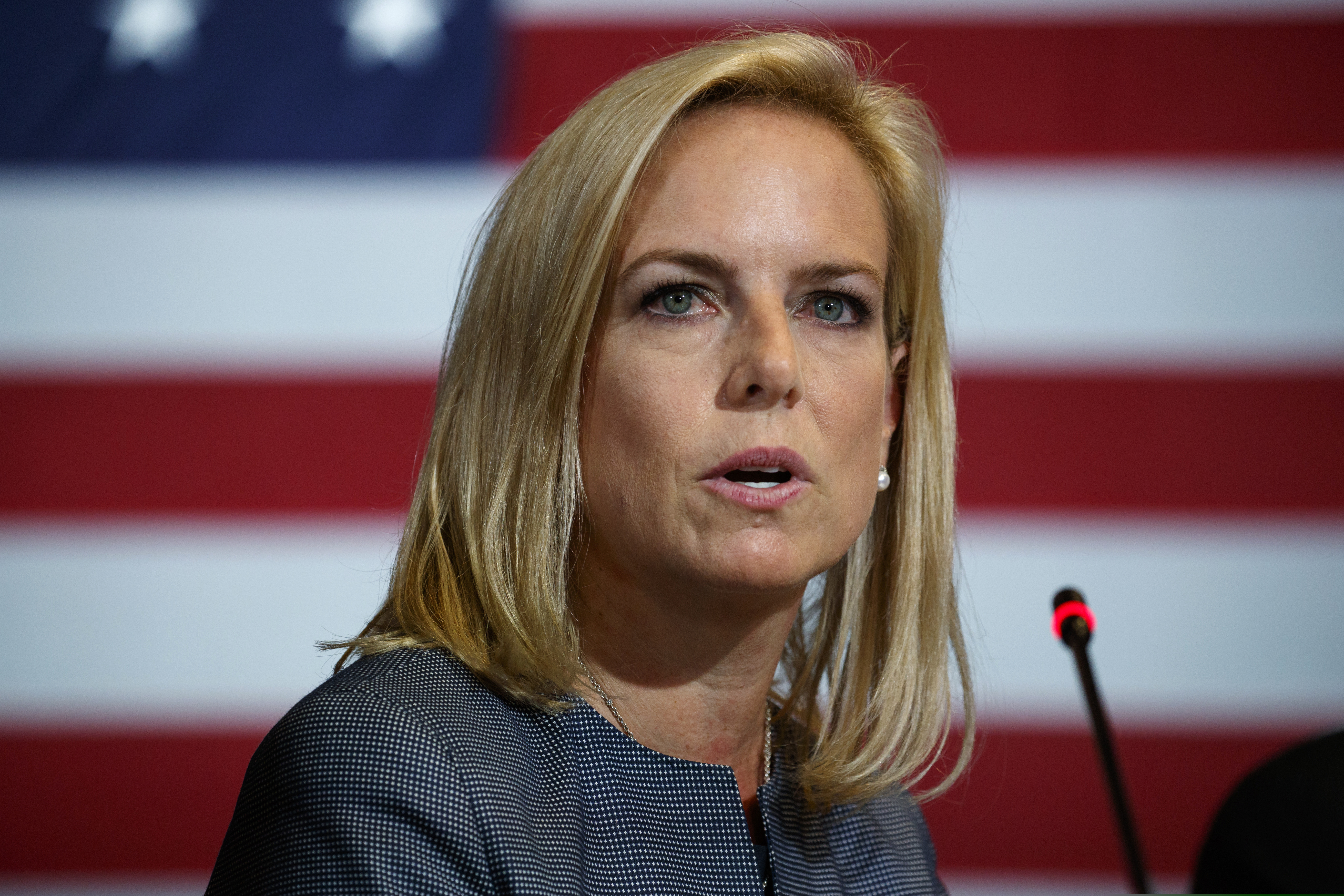 (Evan Vucci | AP Photo) In this May 23, 2018 file photo, Secretary of Homeland Security Kirstjen Nielsen speaks during a roundtable on immigration policy with President Donald Trump at Morrelly Homeland Security Center, in Bethpage, N.Y. President Donald Trump has soured on Homeland Security Secretary Kirstjen Nielsen and she is expected to leave her job as soon as this week. That’s according to two people who spoke to the Associated Press on condition of anonymity.