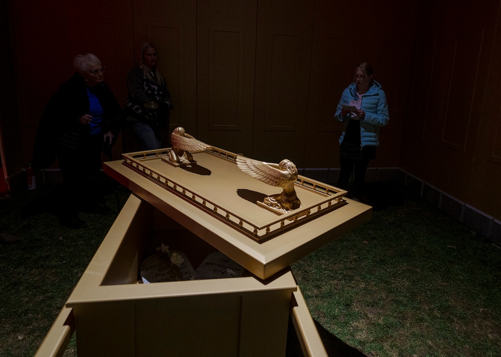 (Leah Hogsten | The Salt Lake Tribune) London Thorn, 12, informs visitors of the purpose of the holy of holies room, containing the Ark of the Covenant, within a replica of the Tabernacle from the Old Testament sponsored by members of The Church of Jesus Christ of Latter-day Saints, April 21, 2023.