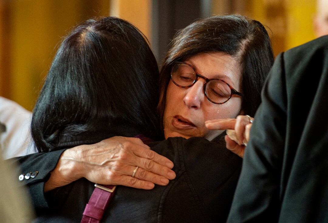Leah Hogsten  |  The Salt Lake Tribune Joan Kottler wipes away a tear while hugging Vivian Dowsett. Jewish women in Utah at the Chabad Lubavitch of Utah and the world over kindled Shabbat candles, May 3, 2019 in loving tribute to Lori Gilbert-Kaye and in prayer for peace and tolerance amongst all of humanity. Lori Kaye was killed during The Chabad of Poway synagogue shooting on the last day of Passover and three others were injured. Although the lighting of Shabbat Candles is uniquely tasked to the Jewish woman, the  community and those wishing to show their support were welcome to attend.