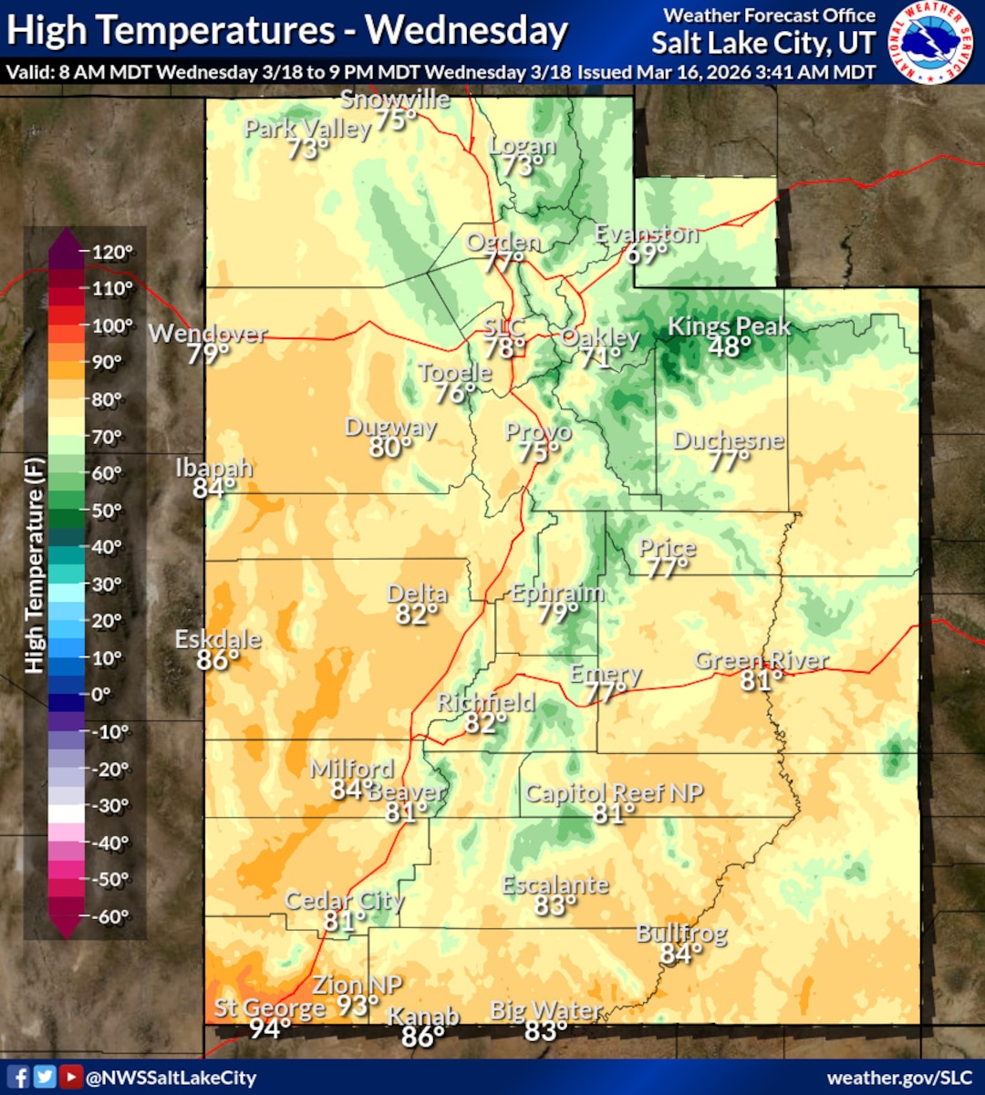 National Weather Service for high temperatures in Utah on March 18, 2026.