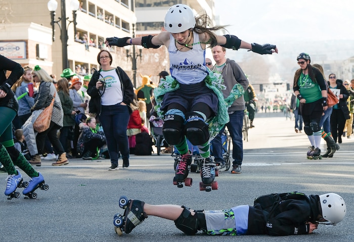 (Francisco Kjolseth | The Salt Lake Tribune) Members of various Utah Roller Derby teams have fun with the crowds as Salt Lake CityÕs Irish community celebrates their 41st annual St. PatrickÕs Day Parade with crowds lining up to take in the festivities.
