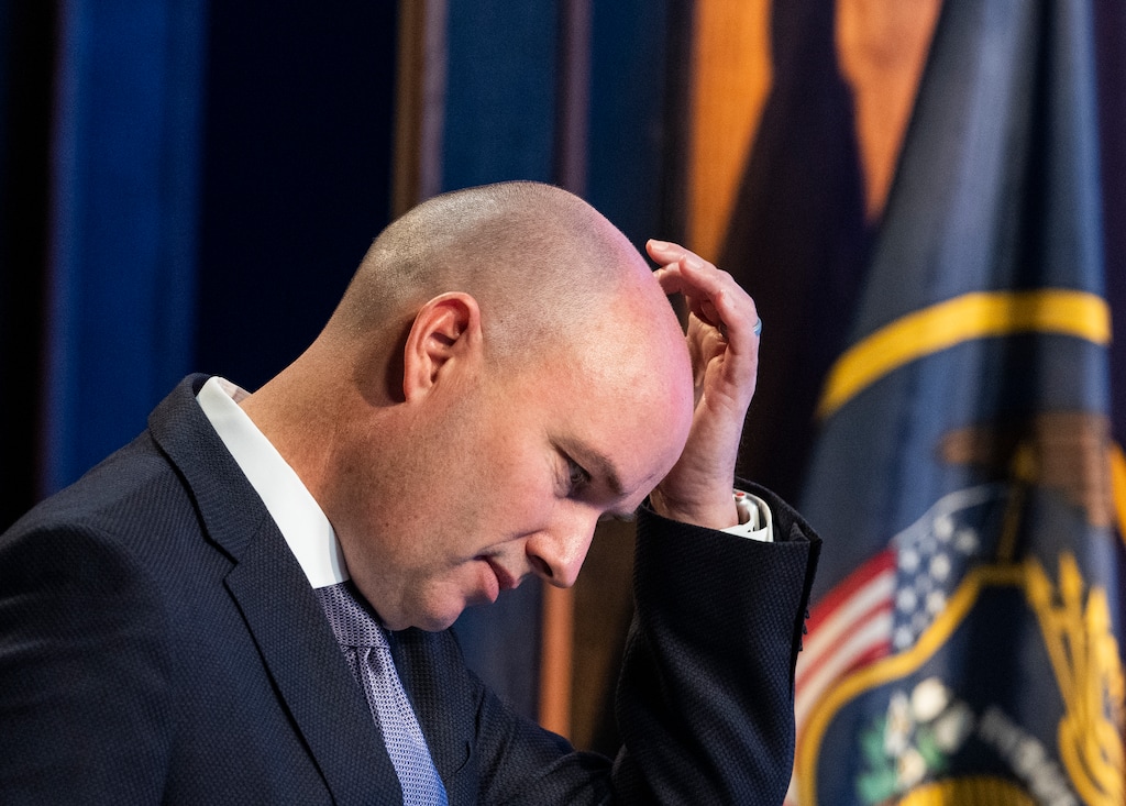 (Leah Hogsten | The Salt Lake Tribune) Governor Spencer Cox speaks during The PBS Utah Governor's Monthly News Conference, Dec. 16, 2021 at the Eccles Broadcast Center in Salt Lake City.