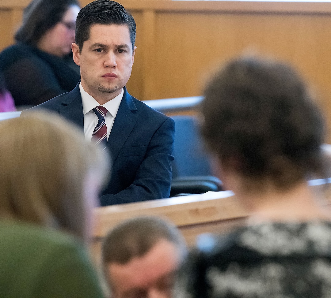 (Eli Lucero  |  Herald Journal, pool) Prosecuting attorney Spencer Walsh listens as Deserae Turner speaks during Colter Peterson's sentencing hearing for attempted aggravated murder and robbery, Thursday, Feb. 1, 2018, in Logan, Utah. Peterson received a sentence of 15 years to life for shooting Deserae Turner in February 2017, and leaving her for dead in a dry irrigation canal in Smithfield, Utah.