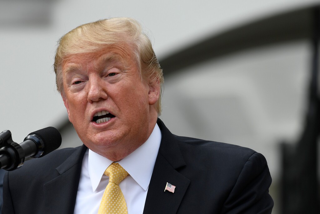 (Susan Walsh | The Associated Press) President Donald Trump speaks as he welcomes 2018 NASCAR Cup Series Champion Joey Logano to the South Lawn of the White House in Washington, Tuesday, April 30, 2019.