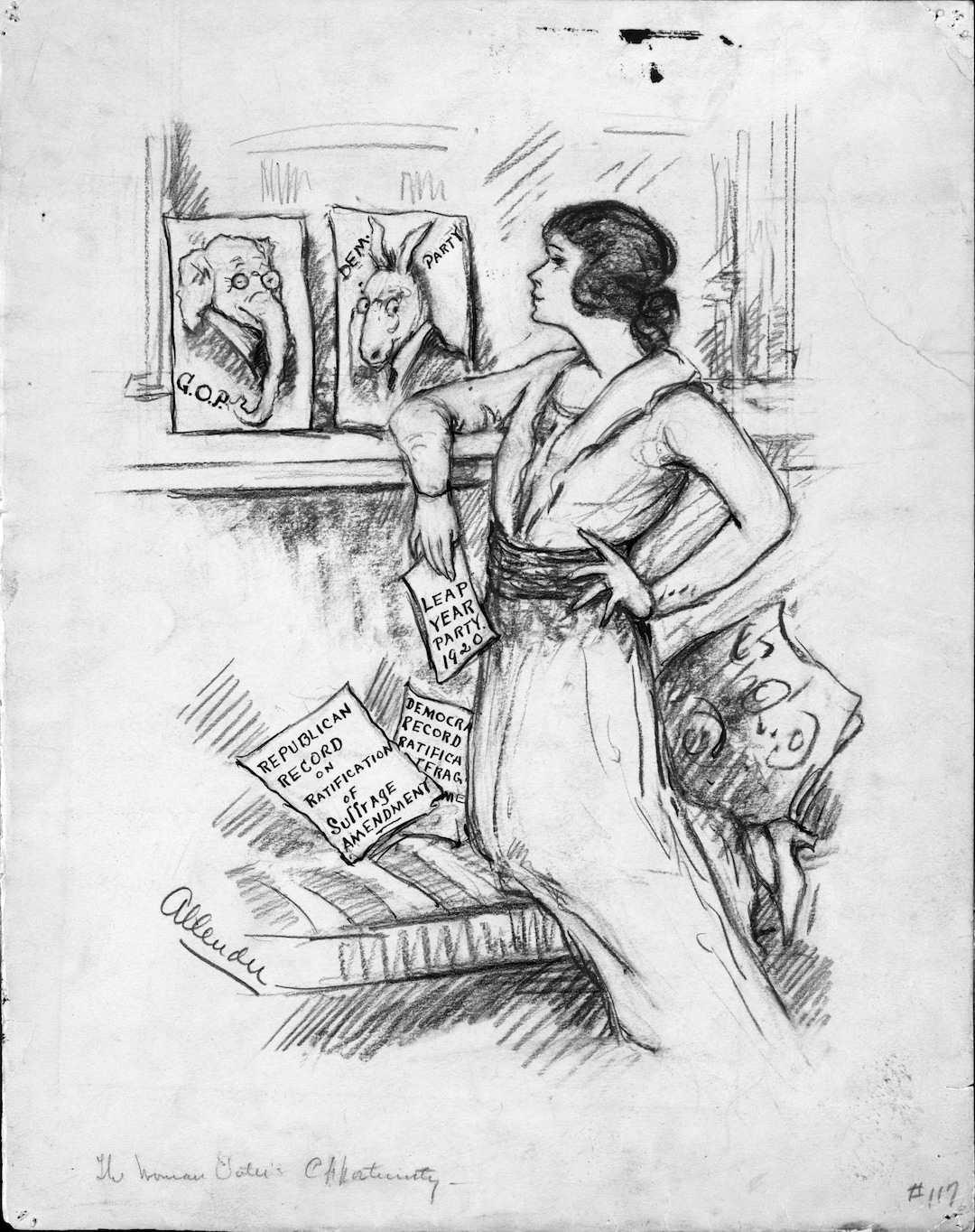 (Courtesy of National Woman's Party) In this undated cartoon, Nina Allender reminded the Democratic and Republican parties that women voters would soon be considering each party's ratification record of the 19th Amendment.