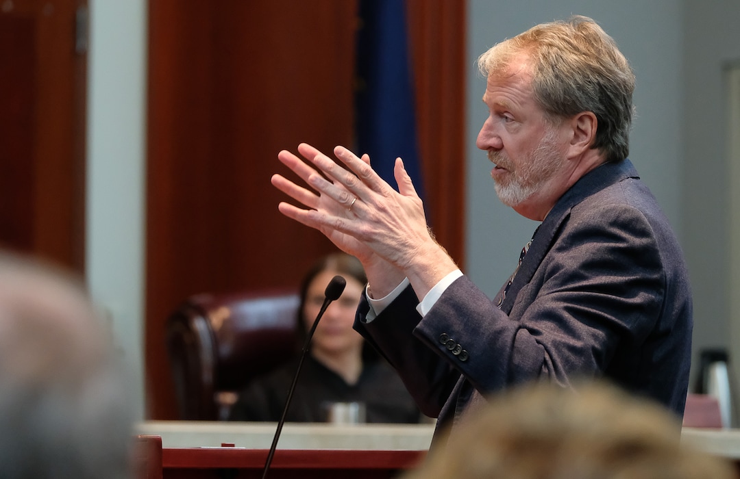 (Francisco Kjolseth  |  The Salt Lake Tribune)  Salt Lake Tribune attorney Michael O'Brien speaks with the Utah Supreme Court as it hears the appeal filed by BYU lawyers in 2018 after a 3rd District judge ruled that the private universityÕs police force is a governmental entity that has to follow the same rules for transparency as other police departments across the state on Friday, Oct. 4, 2019. The Salt Lake Tribune's lawsuit involved whether BYU police should be subject to Utah's open records laws.