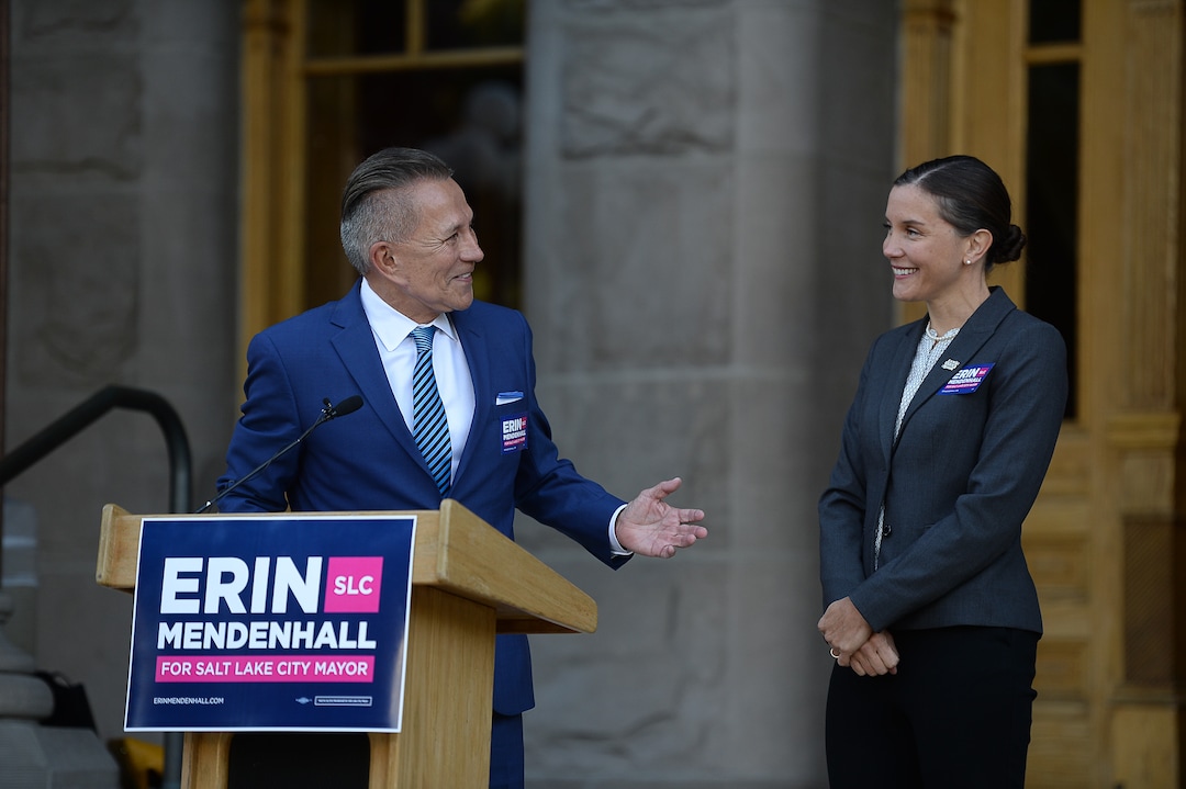 (Francisco Kjolseth  |  The Salt Lake Tribune)  Salt Lake City Councilwoman Erin Mendenhall announces an endorsement from former opponent David Ibarra as they gather on the West steps of the Salt Lake City and County Building on Thursday, Oct. 3, 2019.