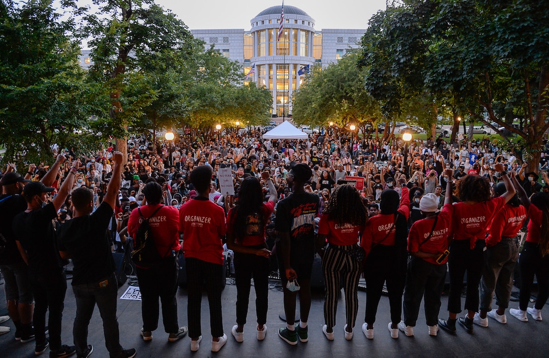 (Francisco Kjolseth  |  The Salt Lake Tribune) Young organizers from Juneteenth Utah and Solidarity for Justice thank those who attended the celebration at Washington Square in Salt Lake City on Friday, June 19, 2020.