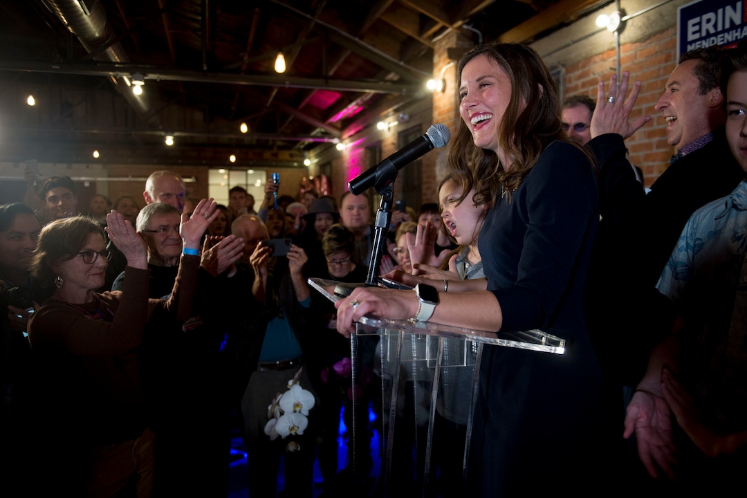 (Jeremy Harmon  |  The Salt Lake Tribune) Salt Lake City mayoral candidate Erin Mendenhall speaks to supporters after taking a lead over her opponent, Luz Escamilla, on election night Tuesday, Nov. 5, 2019.