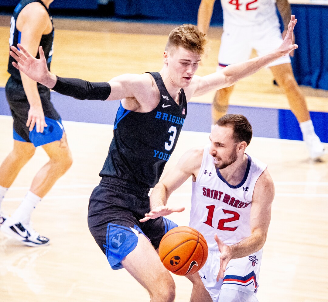 (Isaac Hale | Special to The Tribune) Brigham Young University forward Matt Haarms (3) guards St. Mary's College guard Tommy Kuhse (12) during a game between the BYU Cougars and the Saint Mary’s College of California Gaels held at the Marriott Center in Provo on Saturday, Feb. 27, 2021.
