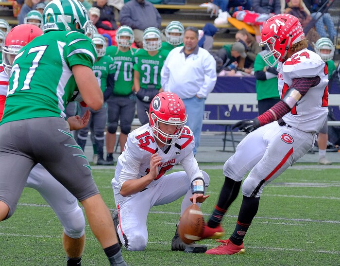 (Leah Hogsten  |  The Salt Lake Tribune)  Grand County kicker Dante Wells puts some points up on the board during the first half. South Summit High School boys' football team leads Grand County High School 34-3 during their class 2A state semifinal football game Saturday, November 4, 2017 at Weber State University's Stewart Stadium.