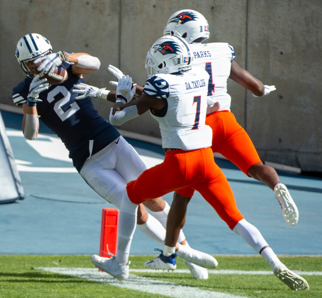 (Rick Egan  |  The Salt Lake Tribune)    Brigham Young Cougars wide receiver Neil Pau'u (2) grabs a touchdown pass in the endzone, in football action between the Brigham Young Cougars and the UTSA Roadrunners, at Lavell Edwards stadium, Saturday, Oct. 10, 2020.