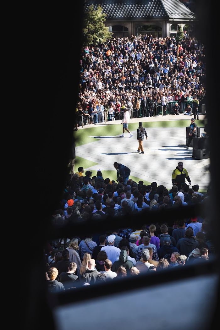 (Clark Clifford  |  Special to The Salt Lake Tribune) Looking through an upper balcony fence of Olympic Plaza before the start of Kanye West's Sunday Service at The Gateway in Salt Lake City on Saturday, Oct. 5, 2019.