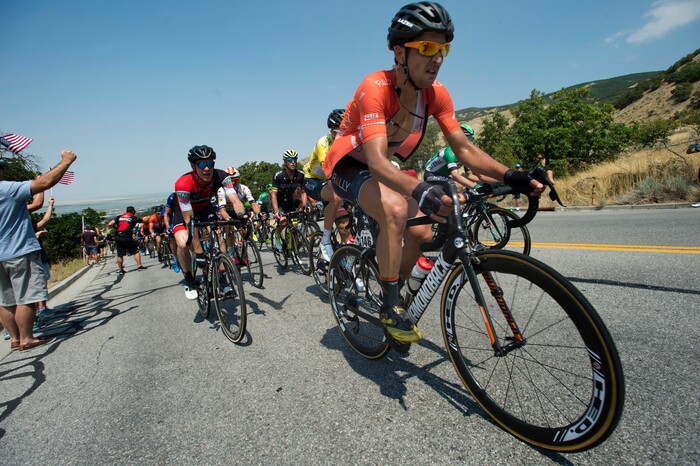 (Rick Egan  |  The Salt Lake Tribune)  Cyclists ride the KOH in Bountiful, in stage 5, of the Tour of Utah, in Bountiful,Friday, August 4, 2017.


