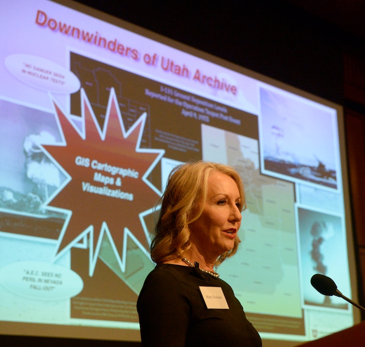 (Al Hartmann | Tribune file photo) Playwright Mary Dickson, whose 2007 play “Exposed” chronicled the effects the above ground nuclear tests had on the downwind population in Utah speaks at launch event for “Downwinders of Utah Archive” at the J. Willard Marriott Libray at the University of Utah on Oct. 3, 2017. She is among activists and downwinders who denouce talk by the Trump administration of resuming nuclear arms tests.