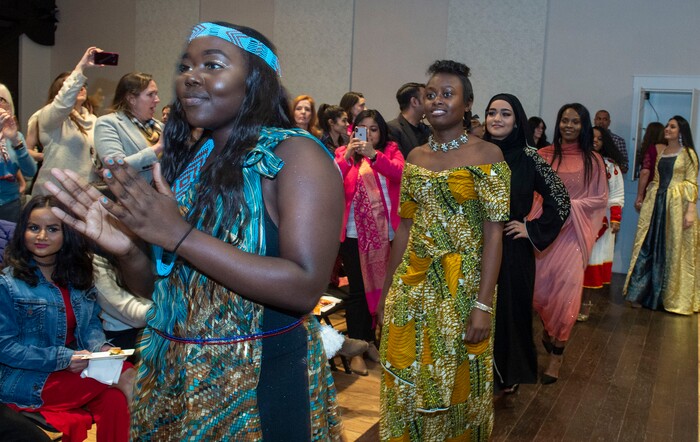 (Rick Egan | The Salt Lake Tribune) Margaret Mathew, Womda Geiballah and Nour Bilal walk the runway, representing their native countries, at the 9th annual Women of the World Fashion Show Gala, Wednesday, March 6, 2019.