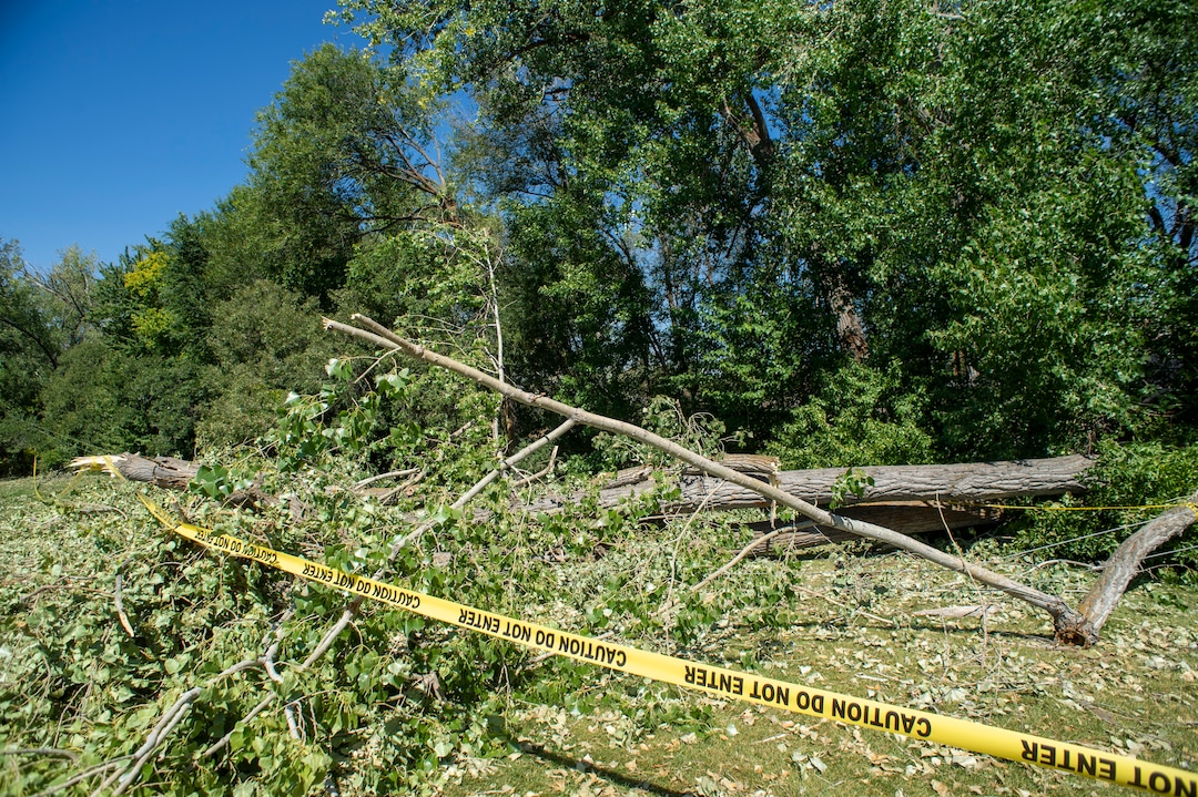 (Rick Egan  |  The Salt Lake Tribune)    Yellow tape keeps people away from downed trees and power lines at Sugarhouse Park, on Saturday, Sept. 12, 2020.
