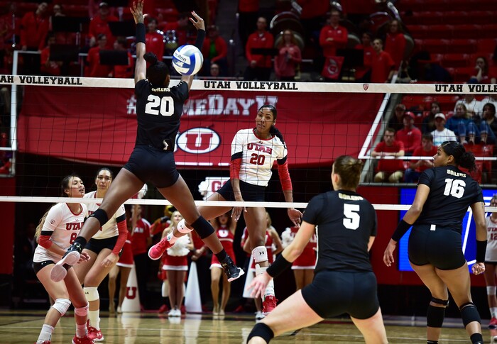 (Scott Sommerdorf   |  The Salt Lake Tribune)   Tawnee Luafalemana follows through after a spike during second set play. Utah beat Purdue three sets to one in the second round of the NCAA volleyball tournament, Friday, December 1, 2017.  
