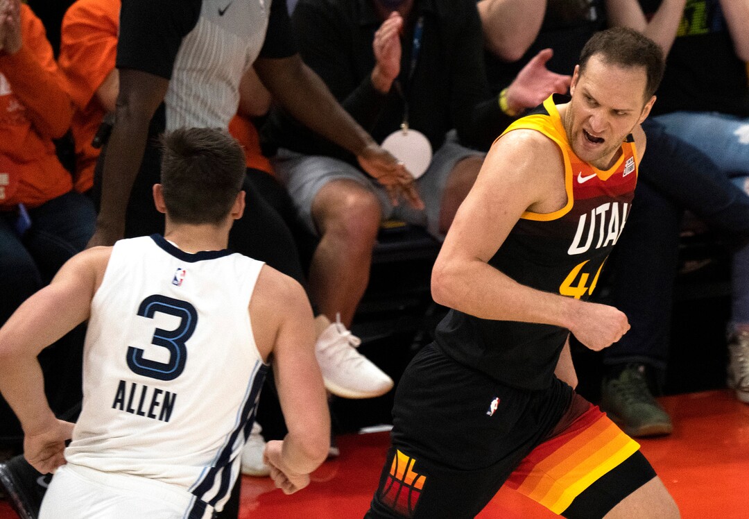 (Rick Egan | The Salt Lake Tribune) Utah Jazz forward Bojan Bogdanovic (44) reacts after hitting a 3-point-shot, in NBA Playoff game 2, between the Utah Jazz and the Memphis Grizzlies at Vivint Arena, on Wednesday, May 26, 2021.