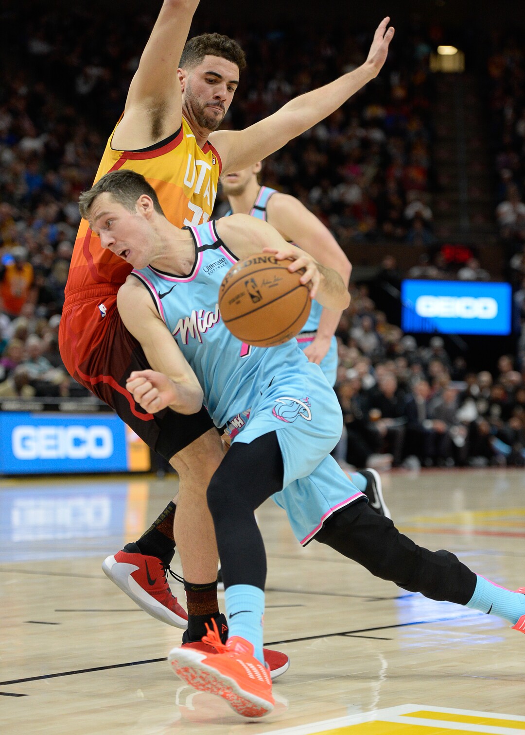 (Francisco Kjolseth  |  The Salt Lake Tribune) Utah Jazz forward Georges Niang (31) pressures Miami Heat guard Goran Dragic (7)as the Utah Jazz host the Miami Heat in their NBA basketball game at Vivint Smart Home Arena in Salt Lake City on Wednesday, Feb. 12, 2020.