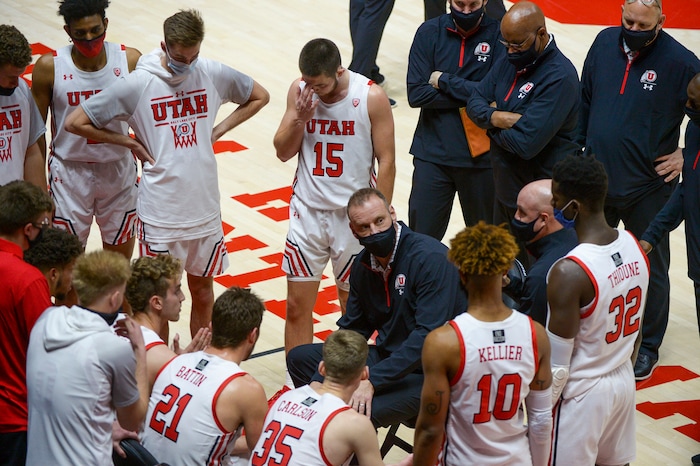(Leah Hogsten  |  The Salt Lake Tribune) The Utes defeated Idaho State 75-59during their NCAA basketball matchup Tuesday, Dec. 8, 2020 at the Jon M. Huntsman Center. 