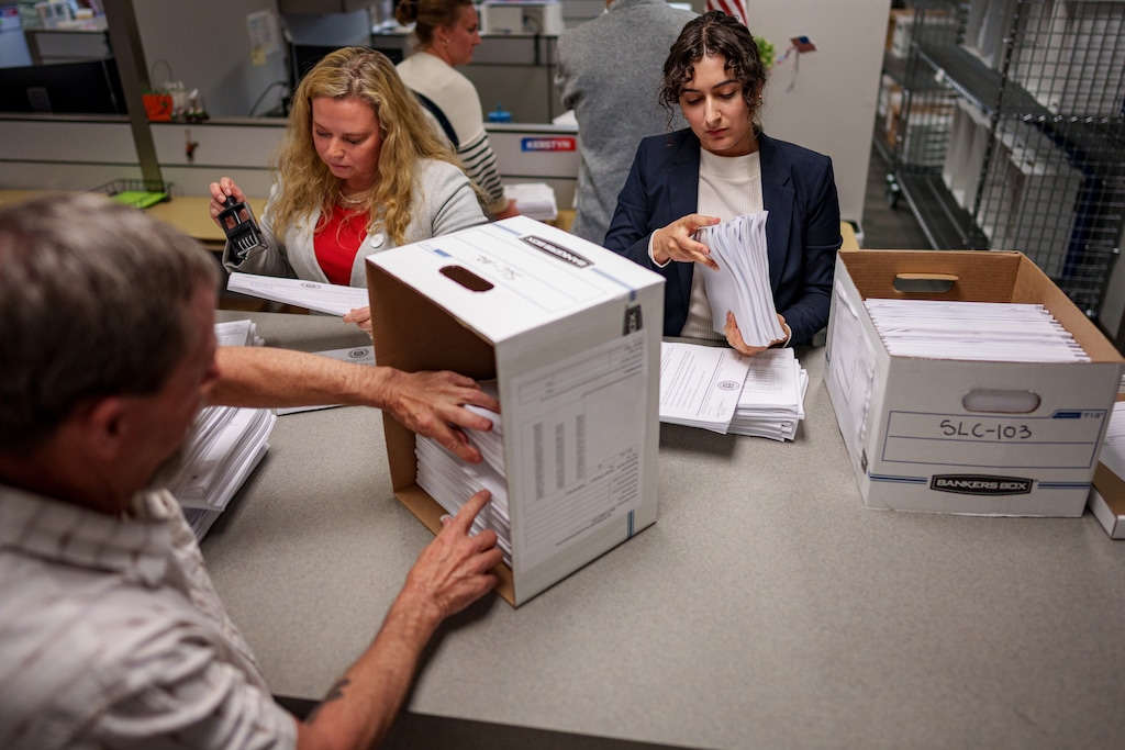 (Trent Nelson  |  The Salt Lake Tribune) Boxes of signatures are checked in at the Salt Lake County Clerk's office as labor leaders attempt to qualify a referendum repealing an anti-union bill, on Wednesday, April 16, 2025.
