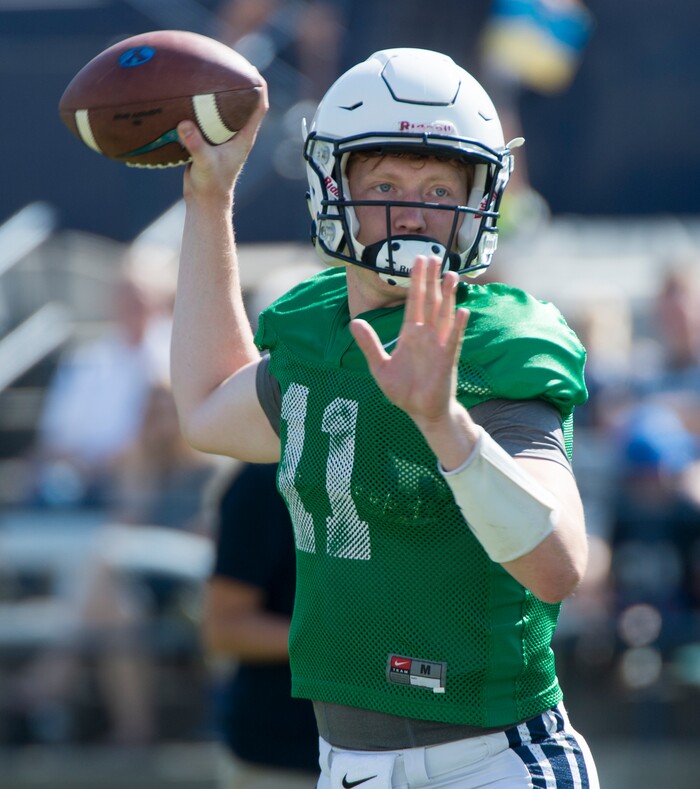 (Rick Egan  |  The Salt Lake Tribune)  Freshman quarterback Joe Critchlow (11) throws the ball, during the BYU scrimmage at Lavell Edwards Stadium, Thursday, August 17, 2017.