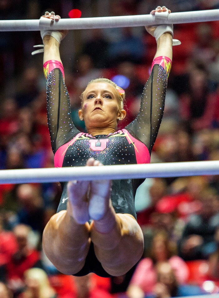 (Rick Egan  |  The Salt Lake Tribune)  MaKenna Merrell-Giles competes on the uneven bars, in PAC-12 Gymnastics action between the Utes and The California Golden Bears, in the Jon M. Huntsman Center, in Salt Lake City, Saturday, Feb. 9, 2019. Merrell -Giles won the All-round for the Utes.