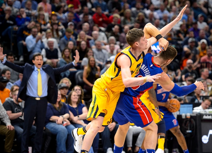 (Steve Griffin  |  The Salt Lake Tribune) Utah Jazz forward Jonas Jerebko (8) gets tangled up with Detroit Pistons forward Blake Griffin (23) during the Utah Jazz versus Detroit Pistons at Vivint Smart Home Arena in Salt Lake City Tuesday March 13, 2018.