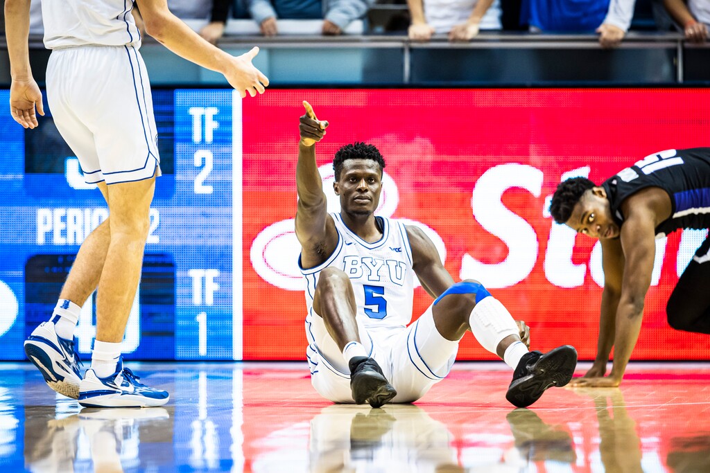 (BYU Athletics) Gideon George points during a game against the Portland Pilots on Dec. 31, 2022, at the Marriott Center.