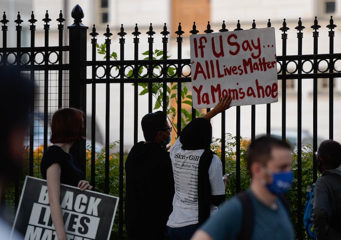 (Francisco Kjolseth  |  The Salt Lake Tribune) As part of national day of protest against police crimes, the National Alliance Against Racist and Political Repression, the Salt Lake Civilian Police Accountability Council and other groups gather at the mansion of Governor Gary Herbert on Saturday, July 18, 2020, to demand for a special session to repeal HB 415, which prohibits municipalities from establishing a board or committee with regulatory power over police departments.