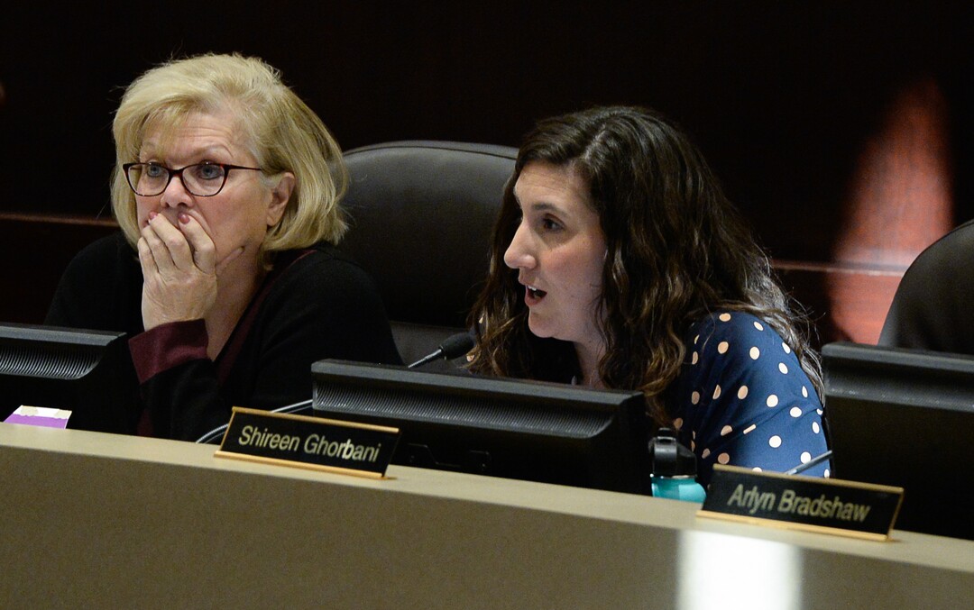 (Francisco Kjolseth  |  The Salt Lake Tribune) Council members Ann Granato, left, and Shireen Ghorbani takes turns explaining their "yes" vote as the Salt Lake County Council takes the first of two votes on Tuesday, Feb. 25, 2020, on a set of zoning changes for Olympia Hills, the controversial new housing and commercial development proposed on unincorporated county land on Herriman's western border. The County Council approved the zoning changes 6-to-3, as residents from Herriman, Bluffdale and Riverton who oppose the project turned out for the hearing to voice their concerns.