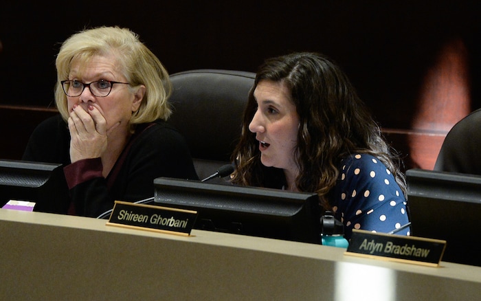 (Francisco Kjolseth | The Salt Lake Tribune) Council members Ann Granato, left, and Shireen Ghorbani takes turns explaining their "yes" vote as the Salt Lake County Council takes the first of two votes on Tuesday, Feb. 25, 2020, on a set of zoning changes for Olympia Hills, the controversial new housing and commercial development proposed on unincorporated county land on Herriman's western border. The County Council approved the zoning changes 6-to-3, as residents from Herriman, Bluffdale and Riverton who oppose the project turned out for the hearing to voice their concerns.