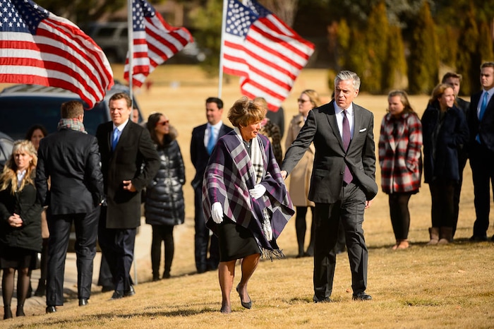 (Trent Nelson | The Salt Lake Tribune)  Jon Huntsman Jr. and Karen Huntsman at the graveside service for Jon Huntsman Sr. at Wasatch Lawn Memorial Park & Mortuary in Salt Lake City, Saturday February 10, 2018.