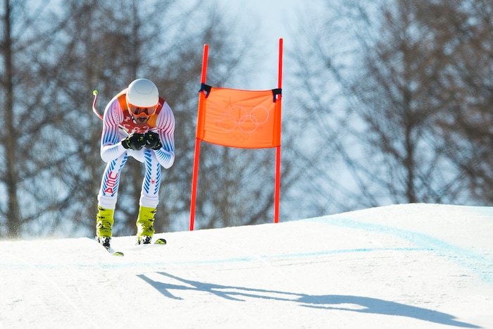 (Chris Detrick  |  The Salt Lake Tribune)  USA's Bryce Bennett competes in the Men's Alpine Combined at Jeongseon Alpine Centre during the Pyeongchang 2018 Winter Olympics Tuesday, February 13, 2018.  Bennett finished the downhill section in 23rd place with a time of 1:21.18.