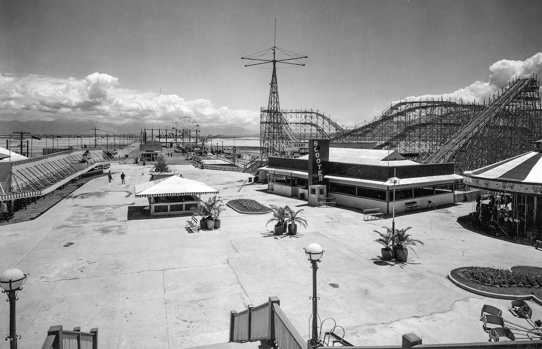 (Utah State Historical Society)  Saltair II midway and Giant Racer roller coaster, once famed as the world's tallest coaster, June 4, 1955.