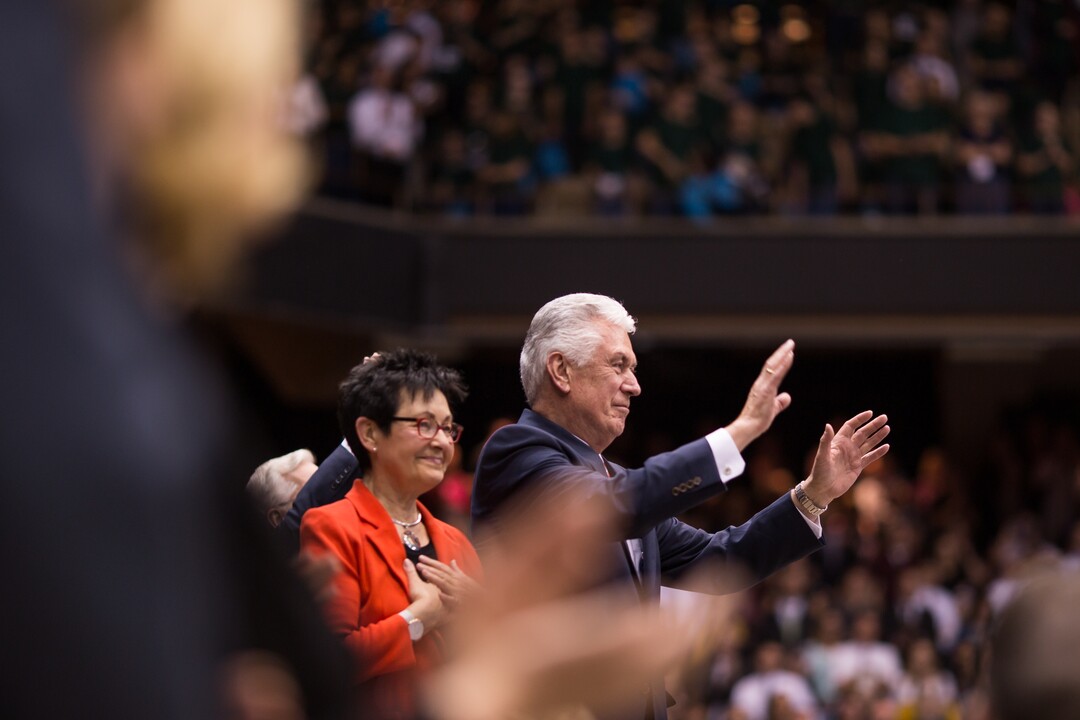 (Courtesy The Church of Jesus Christ of Latter-day Saints)  Dieter F. Uchtdorf addresses 6,000 mormons during a celebration for the Meridian Temple on Saturday.