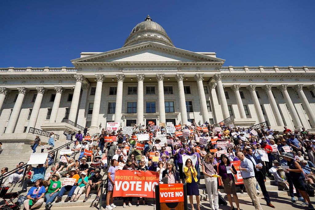 (Chris Samuels | The Salt Lake Tribune) Members of the public attend a rally against a proposed constitutional amendment to reform the citizen initiative process at the Capitol in Salt Lake City, Monday, Aug. 26, 2024.
