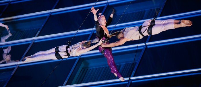 (Photo courtesy of Katherine Barcsay) Oakland, Calif.-based “vertical dance” company BANDALOOP performs with pop star P!nk on the JW Marriott building in Los Angeles at the 2017 American Music Awards. BANDALOOP will be appearing at the Utah Arts Festival June 21-24, and will perform twice daily (5:30 and 7 p.m.) on the six-story library glass wall above the reflecting pool.