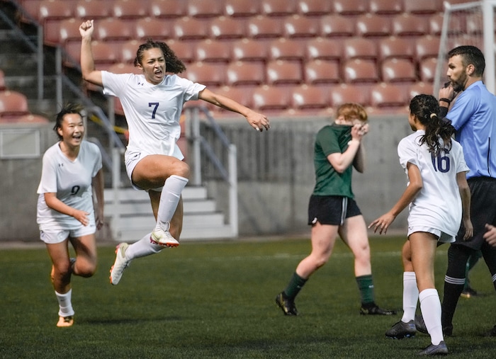 (Leah Hogsten | The Salt Lake Tribune)  Waterford's Seven Castain's (7) celebrates the win. Waterford School defeated Rowland Hall-St. Marks High School, 4-3 to win the 2A State Soccer Championship game Oct. 23, 2021 at Rio Tinto Stadium.