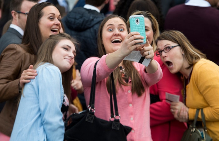 (Rick Egan  |  The Salt Lake Tribune)         Keisha Huber, Julie Frank, Heidi Summers,  Kristy Huber and Andrea Colgate, take a selfie before the Saturday morning session of the188th Annual General Conference in Salt Lake City,  Saturday, March 31, 2018.