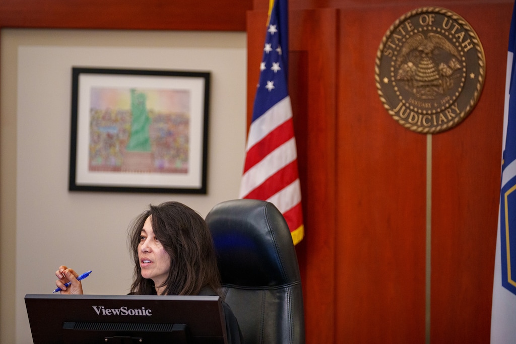(Trent Nelson  |  The Salt Lake Tribune) Judge Dianna Gibson holds a hearing on Utah’s congressional maps process,  in Salt Lake City on Friday, Aug. 29, 2025. Judge Gibson previously ruled — based on a decision last year by the Utah Supreme Court — that the Legislature had violated voters’ constitutional right to make laws when legislators repealed Proposition 4, the citizen-passed Better Boundaries initiative.